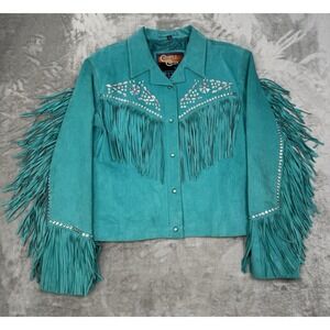 Vintage Cripple Creek Turquoise Fringe Jacket Womens 2XL Suede Western Studded